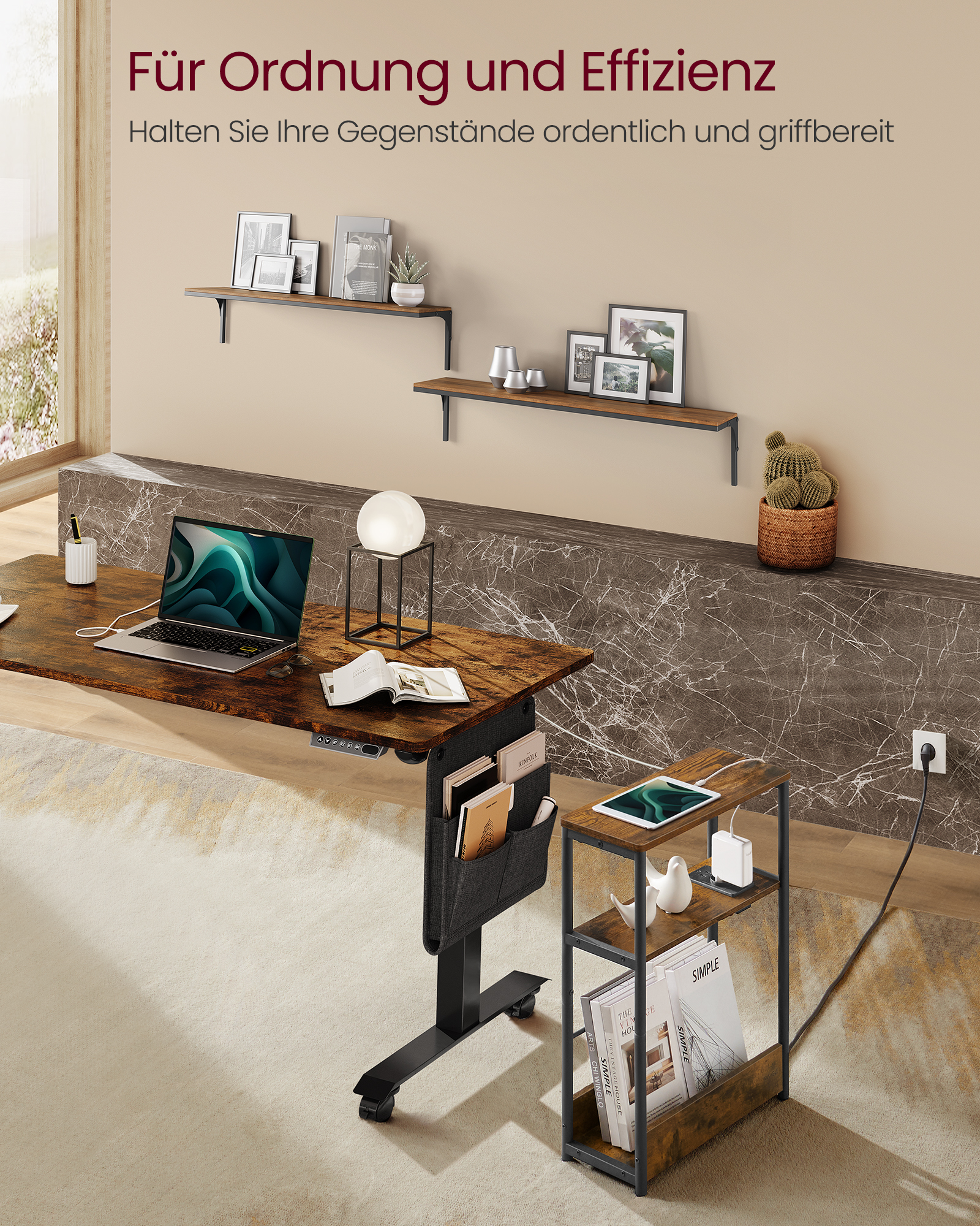 VASAGLE Beistelltisch, schmal, Nachttisch mit Ladefunktion, 3 Ablagen, Zeitschriftenhalter