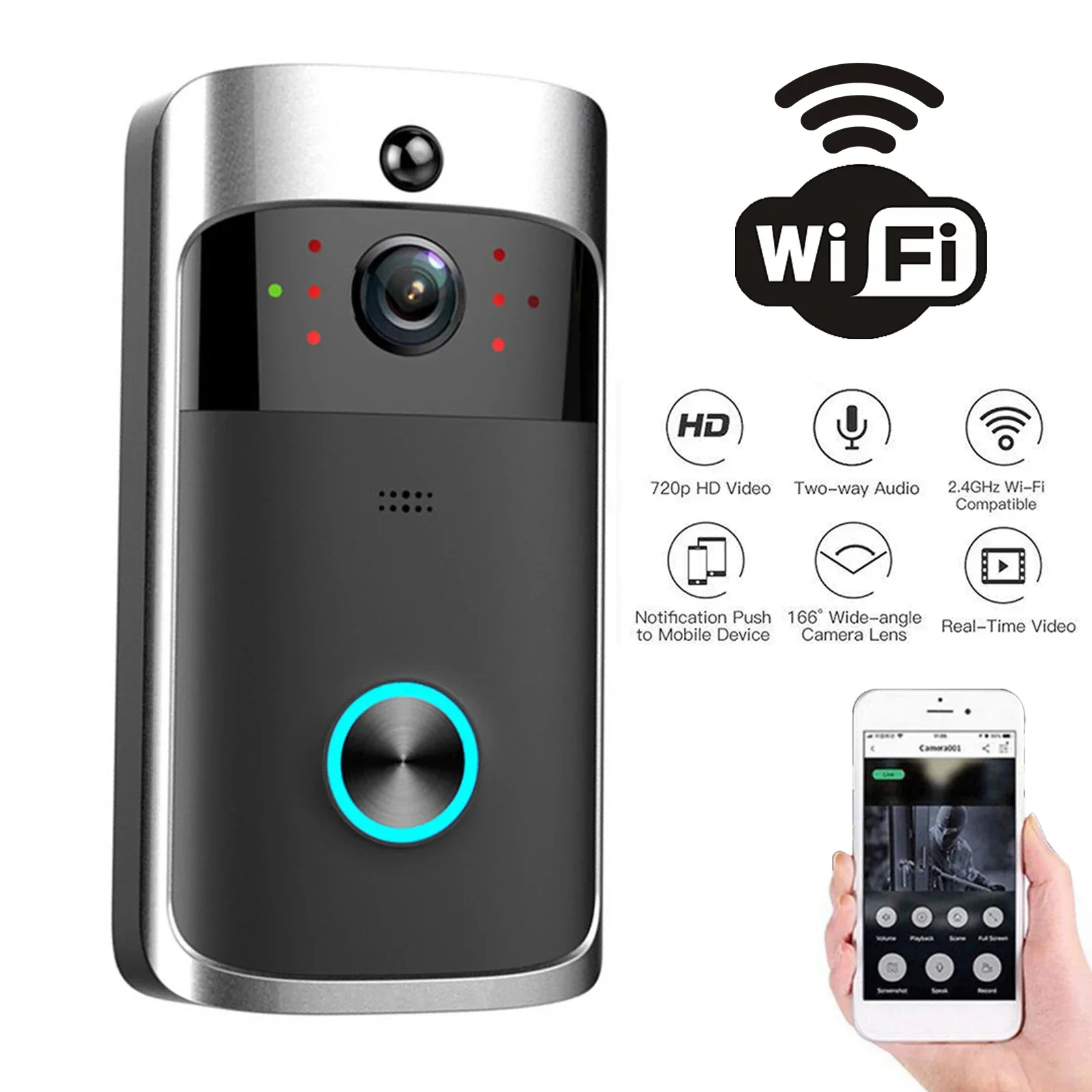 Timbre de puerta con vídeo V5, timbre inalámbrico con Wifi, intercomunicador de voz de 720P, cámara inteligente con detección de movimiento, impermeable, teléfono de puerta de seguridad para el hogar