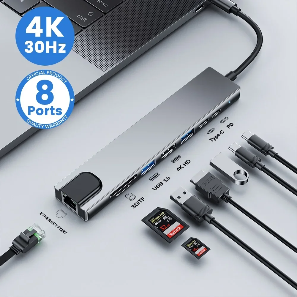 USB C Hub 8 en 1 tipo C 3,1 a 4K adaptador HDMI con lector de tarjetas RJ45 SD/TF PD carga rápida para MacBook Notebook ordenador portátil