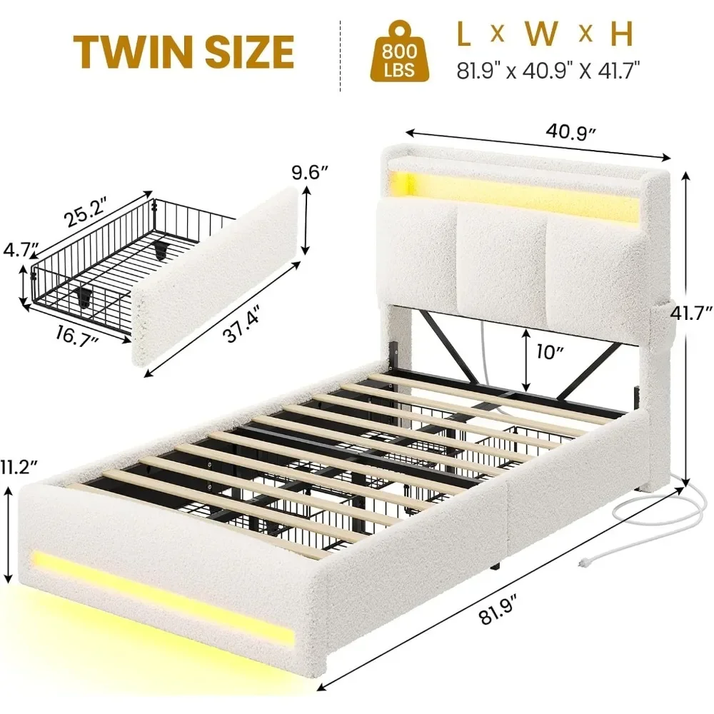 Twin Bed Frames with Storage Headboard and Charging Station,Boucle Upholstered Bed Frame Twin Size with 4 Drawers and LED Lights