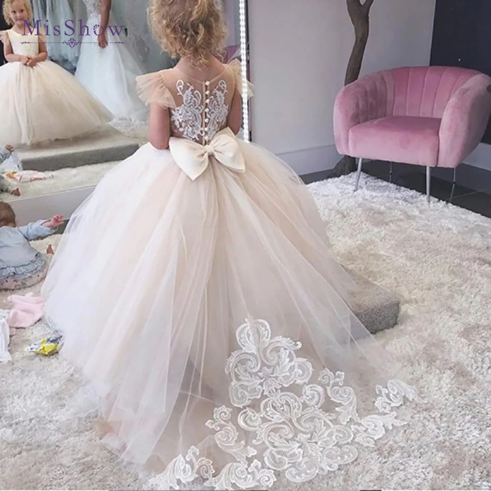Misshow-vestido de princesa com rendas e tule para meninas, vestido de baile princesa sem mangas, vestidos de primeira comunhão para casamento