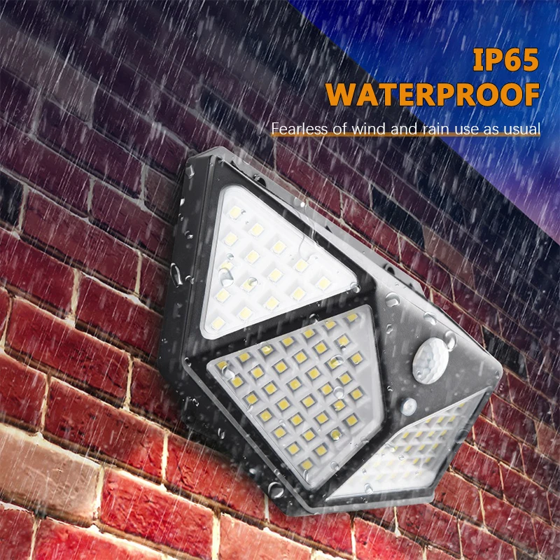 Lâmpada solar ao ar livre 100 led luzes de parede solares à prova dwaterproof água sensor movimento movido a energia solar luz rua para decoração do jardim