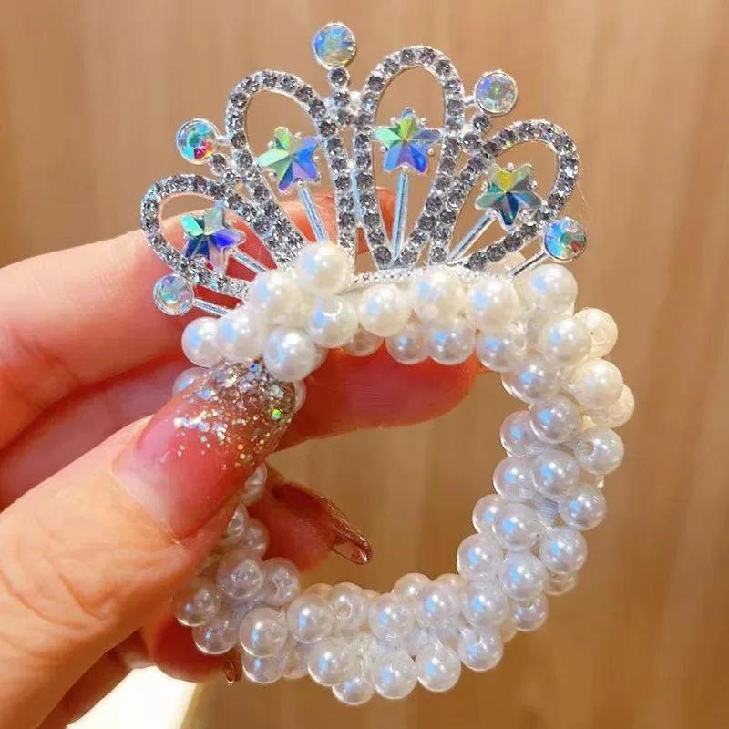 1PCS Neue Mode Perle Krone Prinzessin Nette Kinder Elastische Kinder Krawatten Mädchen Haar Zubehör Baby Kopfbedeckungen