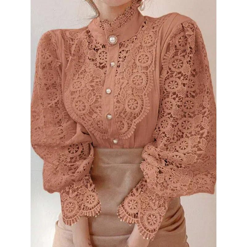 Mode Vrouwen Kanten Shirt Elegante Stand Kraag Bloemblaadje Mouw Blusas Hol All-Match Vrouwen Kantoor Kanten Blouse Bloem femme Top