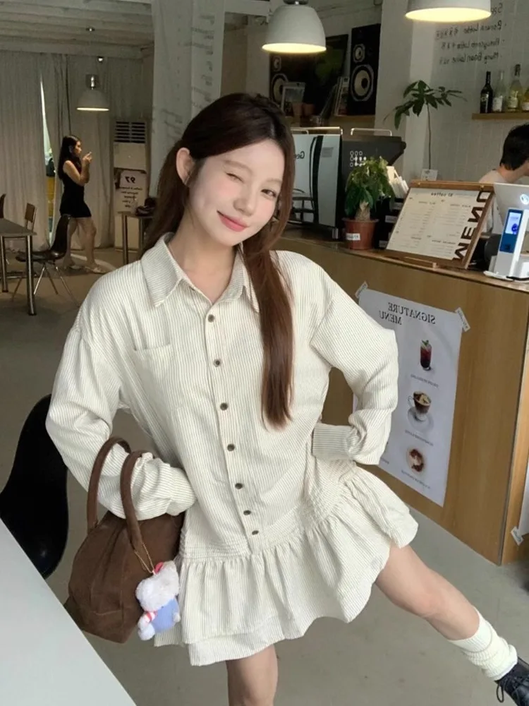 MD-女性用ショートドレス,ストライプのルーズドレス,韓国シリーズ,甘い,小さな子供向け,新しい,初秋