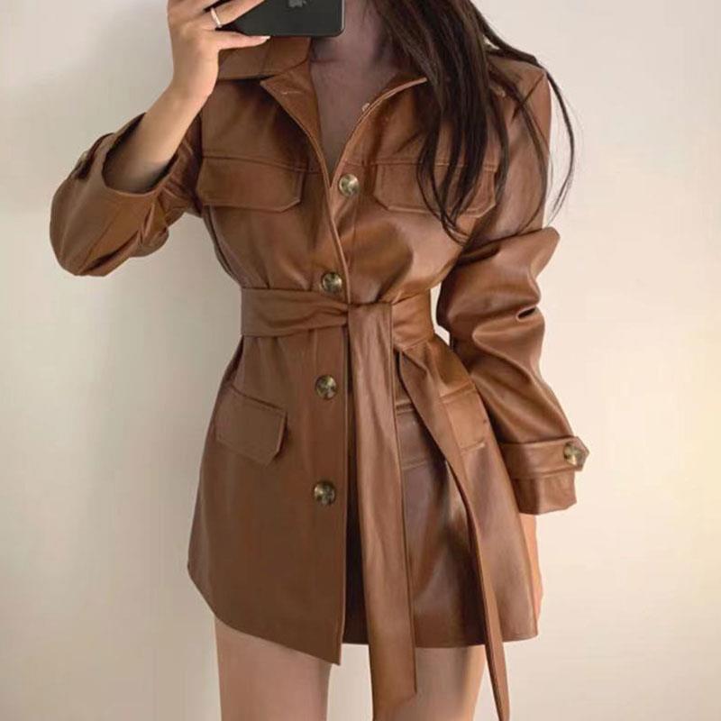Slish Retro Deep Brown PU Leather Jacket Belted Mid-Length Biker Coat Women's Fashionable Outerwear Autumn Winter Coat