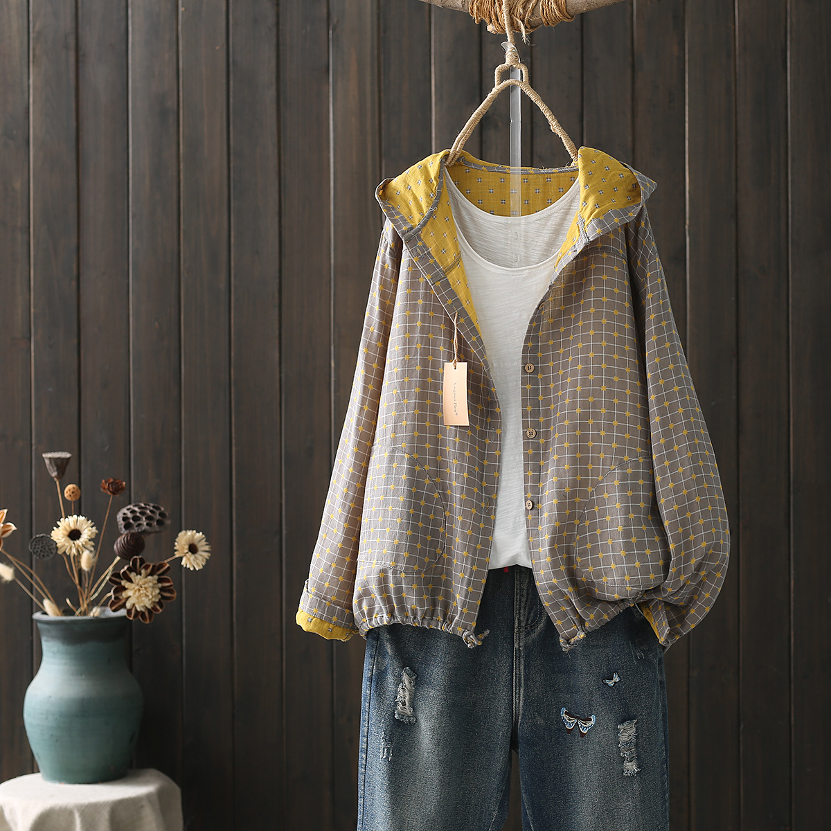 Large size blouses for women autumn spring hooded long sleeve single-breasted shirts adjustable women's clothing