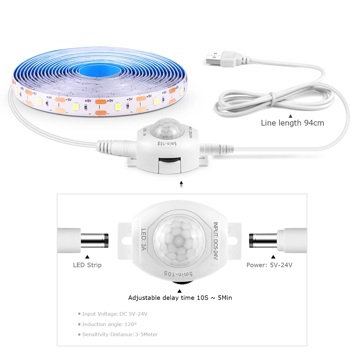Striscia LED con sensore di movimento PIR intelligente USB 5V ON/OFF automatico 60 led/M impermeabile per cucina, scale, corrdior, illuminazione notturna per camera da letto