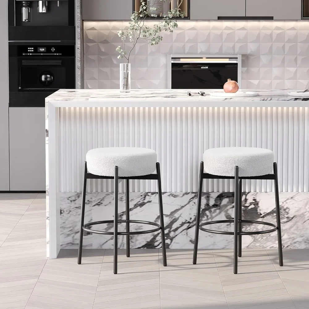 Swivel Round Barstools 24" H Set of 2, Teddy Wool Upholstered Barstool, Backless Kitchen Island Stool, Counter Height Stool