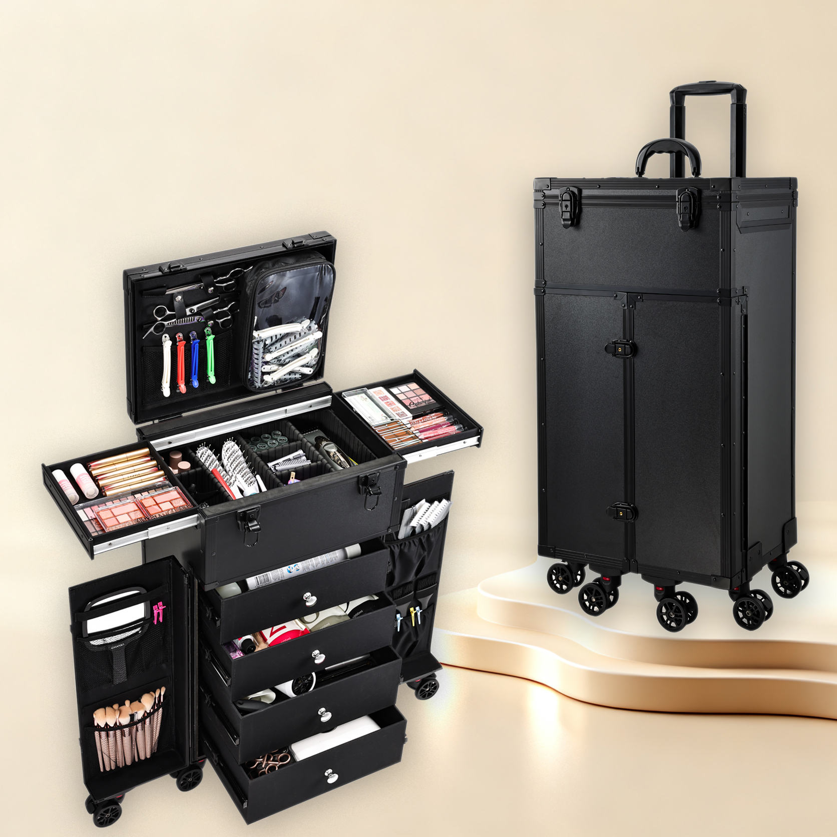 Estojo de maquiagem profissional com 4 gavetas, estojo de trem cosmético para artista de maquiagem, cabeleireiro, estojo de viagem com vários compartimentos