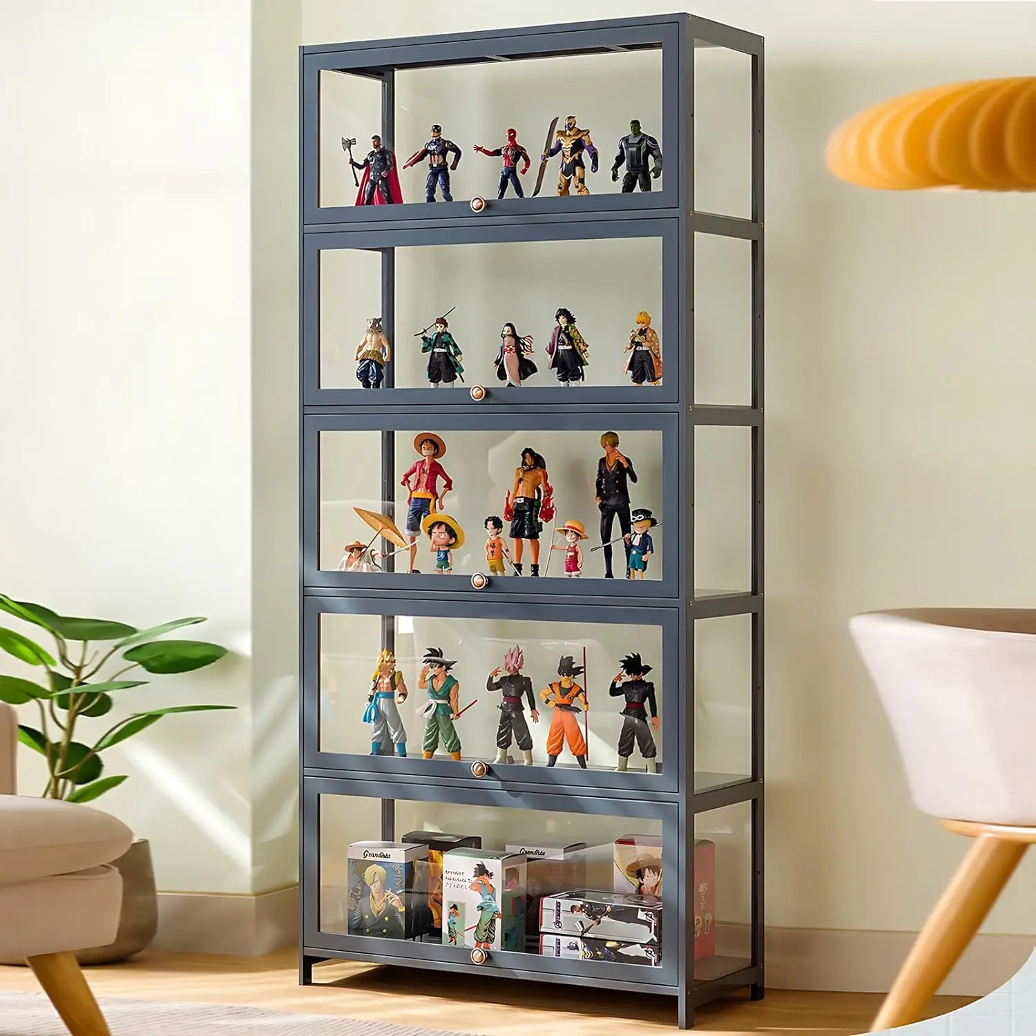 5-Tier Display Cabinet with Acrylic Doors, 67” Transparent Bamboo Curio Display Case for Figures, Display Shelves for Collectibl