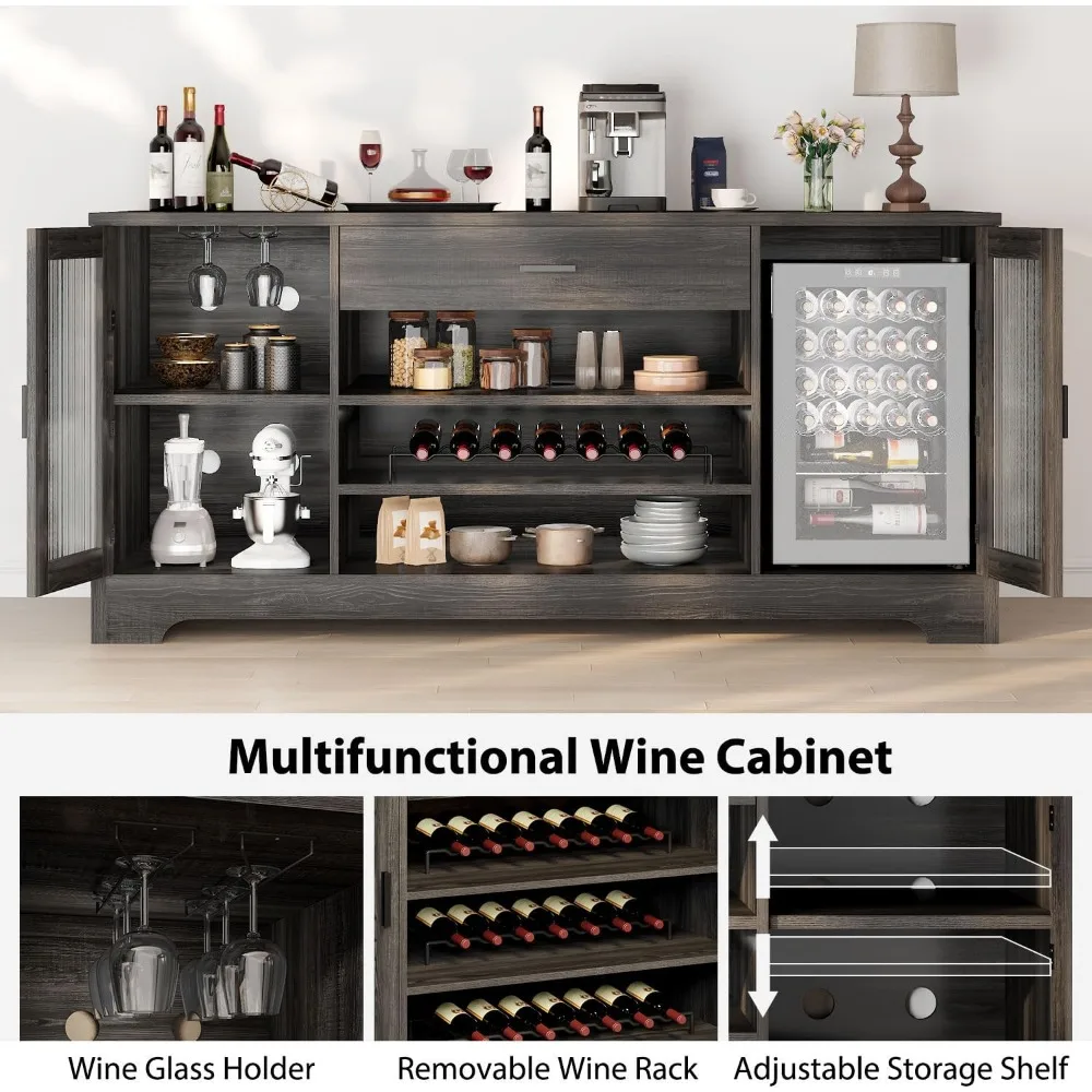 Coffee Bar Cabinet with Wine Mini Fridge Space, Farmhouse Large Liquor Cooler Cabinets with Drawer Storage Rack, Modern Wood Me