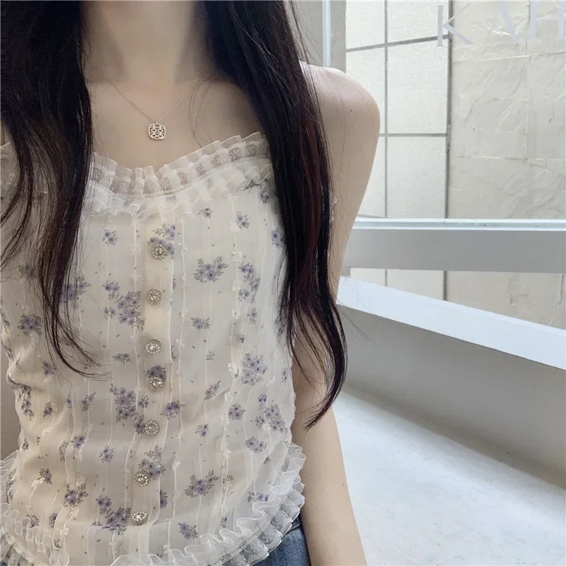 Canotte in pizzo da donna coreane Canotte posteriori bellissime intimo estivo Top a tubo floreale in legno francese Canotta per orecchie ropa de mujer