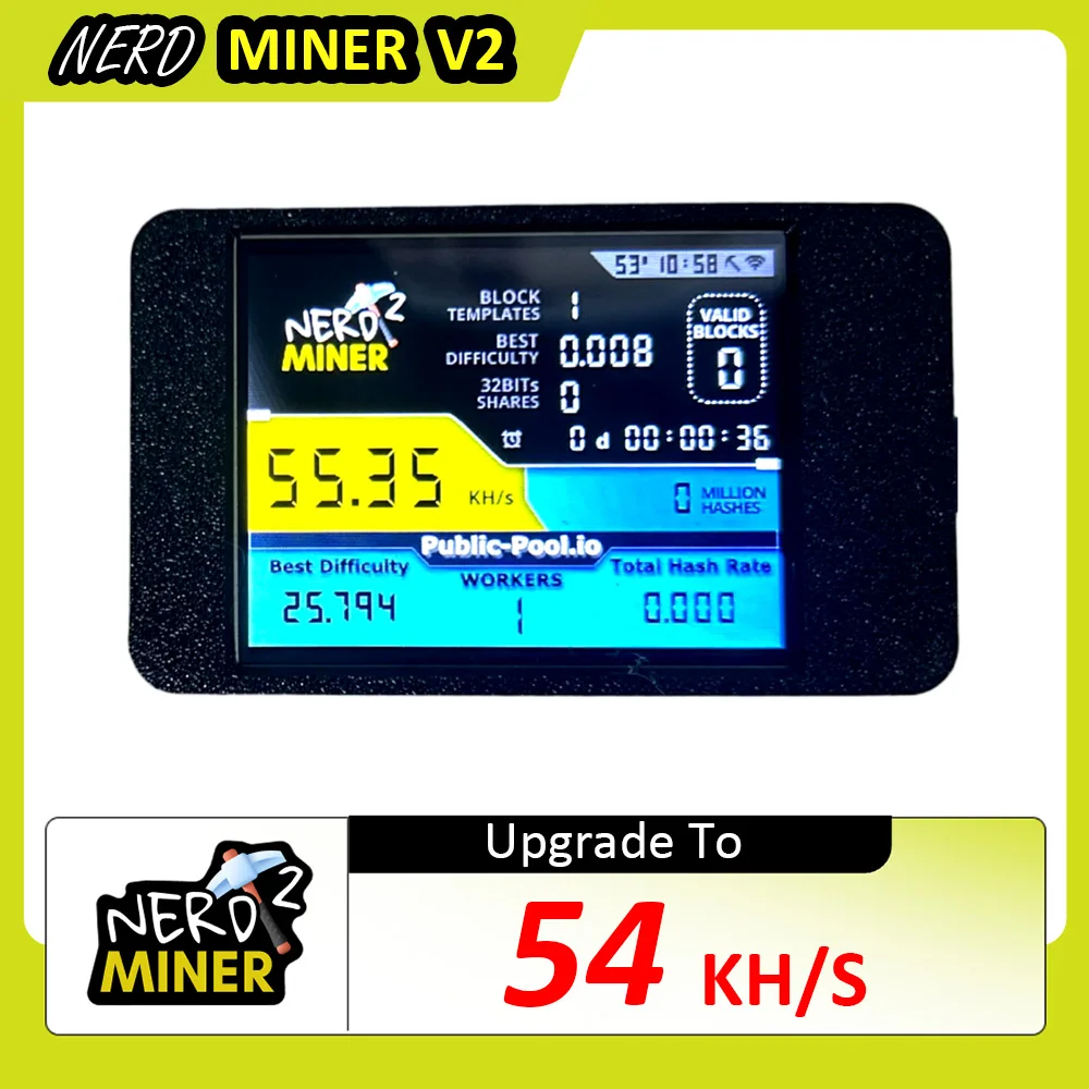 NerdMiner V2 Hashrate, Display Inteligente, Crypto Solo, Loteria, Nerd Miner, Bitcoin Miner ESP32-2432S028R, 54 k/S, 2,8 polegadas
