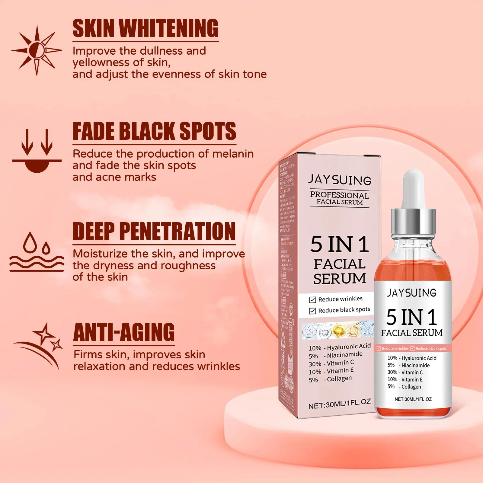 1/2/3pcs 5 In 1 เซรั่ม Fade Fine Lines กระชับผิว Shrink Pore Moisturizing Brightning Hyaluronic Acid Retinol Face Serum