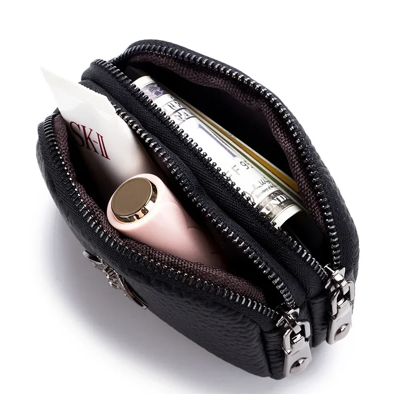 ผู้หญิง Cowhide Double Zipper กระเป๋าสตางค์แบบพกพากระเป๋า Bee Card Hoder ลิปสติกหนังมินิหูฟัง
