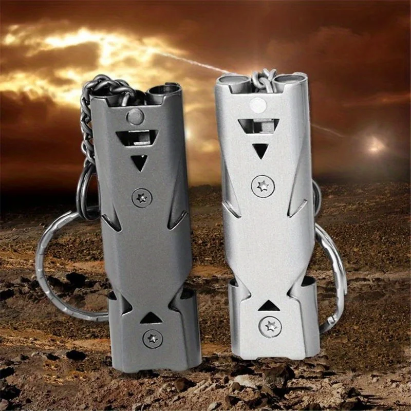 1Pcs Edelstahl Pfeife Doppel Rohr Lebensrettende Notfall SOS Schlüsselbund Pfeife Schlüsselring für Überleben Outdoor Wandern Camping