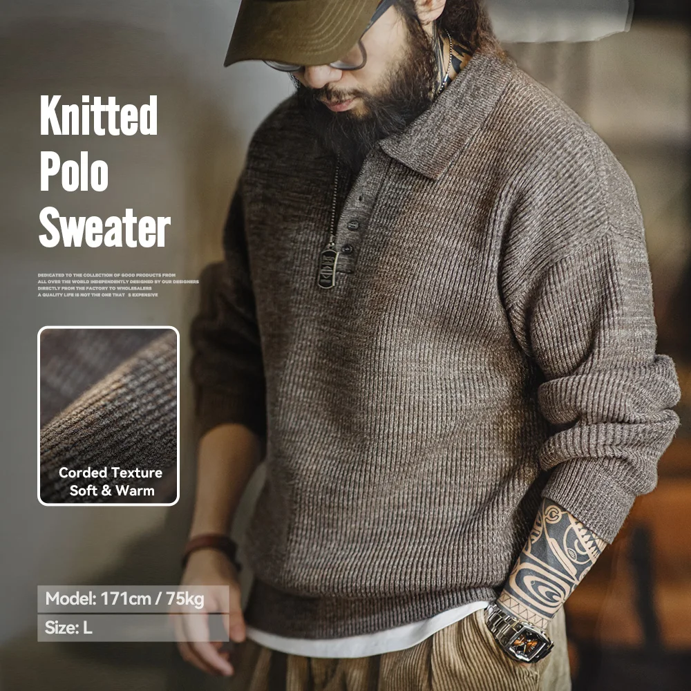 Maden Retro Gebreid Poloshirt Losse Koffie Kleur Revers Trui Herfst Winter Heren Oom Fu Jumper Casual Knitwear