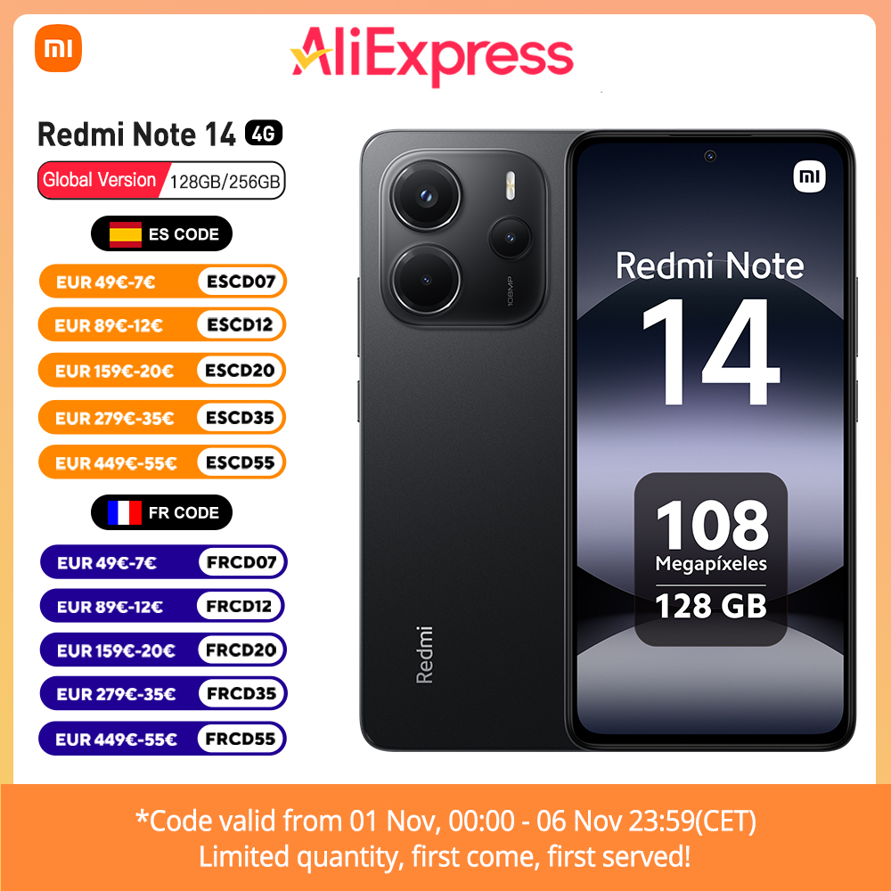 Xiaomi Redmi Note 14 4G NFC Versão Europeia 128GB/256GB MTK Helie G99-Ultra AMOLED Display Câmara de 6,67" 120Hz 108MP, 33W, IP54