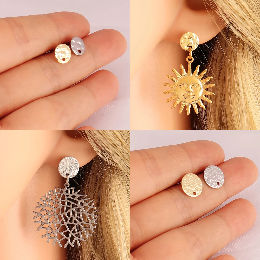 20pcs Stainless Steel Geometric Heart Round Stud Earring Base With Earring Plug Connector DIY Earring For Jewelry Making Finding