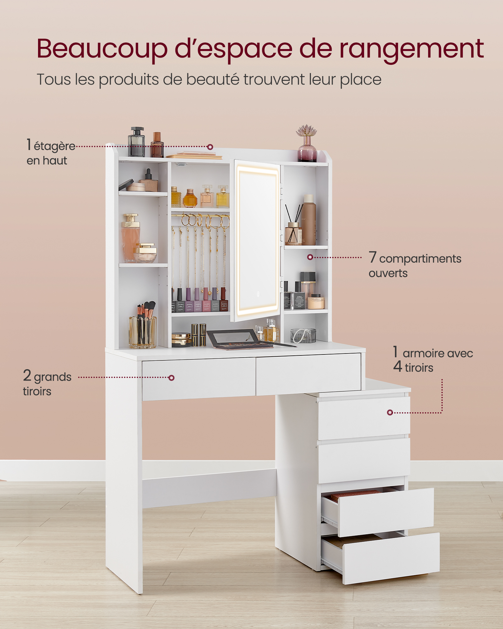 VASAGLE Coiffeuse avec LED, 3 Luminosités Réglables, Table de Maquillage avec Miroir, Tiroirs, Compartiments Ouverts, Tabouret, Étagères Réglables, Moderne