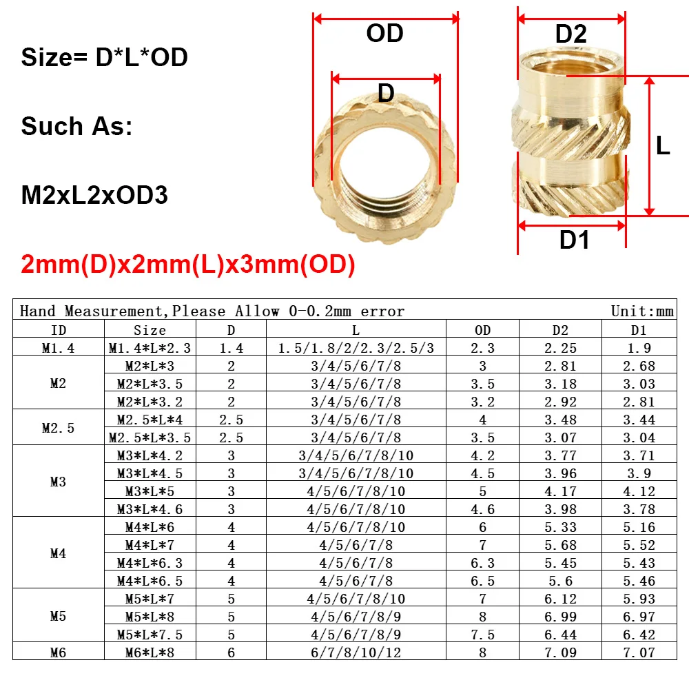 M1 M1.4 M1.6 M1.7 M2 M2.5 M3 M4 M5 M6 M8 Tuerca de inserción roscada de calor de latón Tuerca de incrustación de inyección moleteada de fusión en caliente para impresora 3D