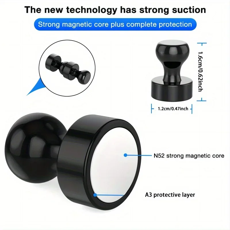 Black Neodymium Magnetic Push Pins - Strong Refrigerator & Whiteboard Magnets for Office, Kitchen & Map Use