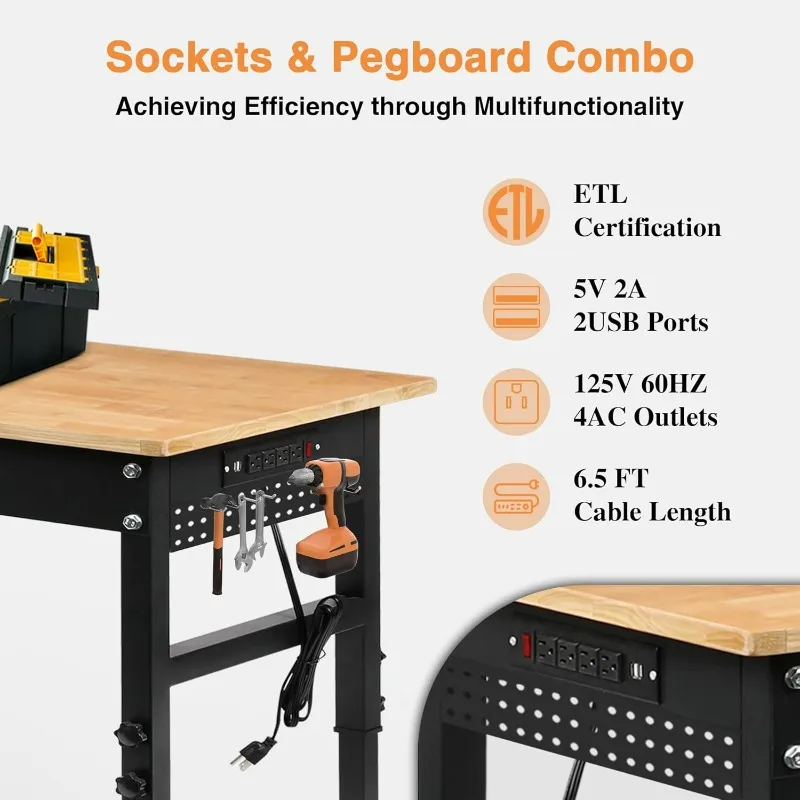 70" Adjustable Workbench on Wheels, 2000 LBS Heavy Duty Work Table with Power Outlets & Pegboard, Rubber Wood Workstation