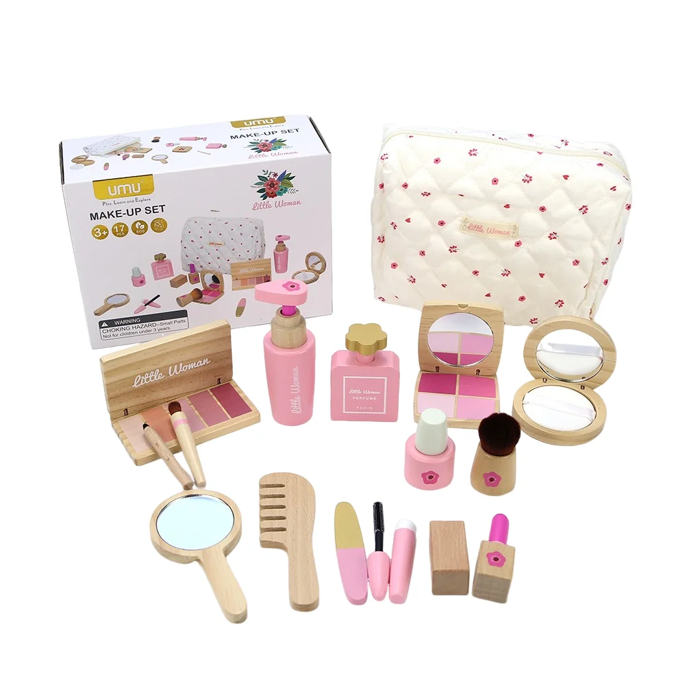 Juego de simulación de juguetes de maquillaje de madera, juego de cosméticos de simulación, juego para niñas, simulación de peluquería, maquillaje, juguetes preescolares