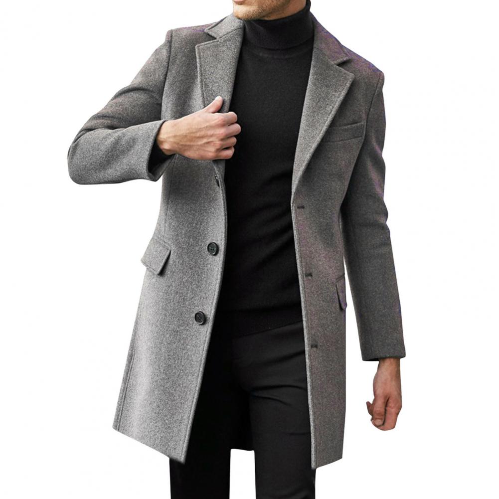 Estilo britânico masculino casaco de lã bolsos com aba único breasted elegante blazer trench coat meados de comprimento longo inverno quente casaco