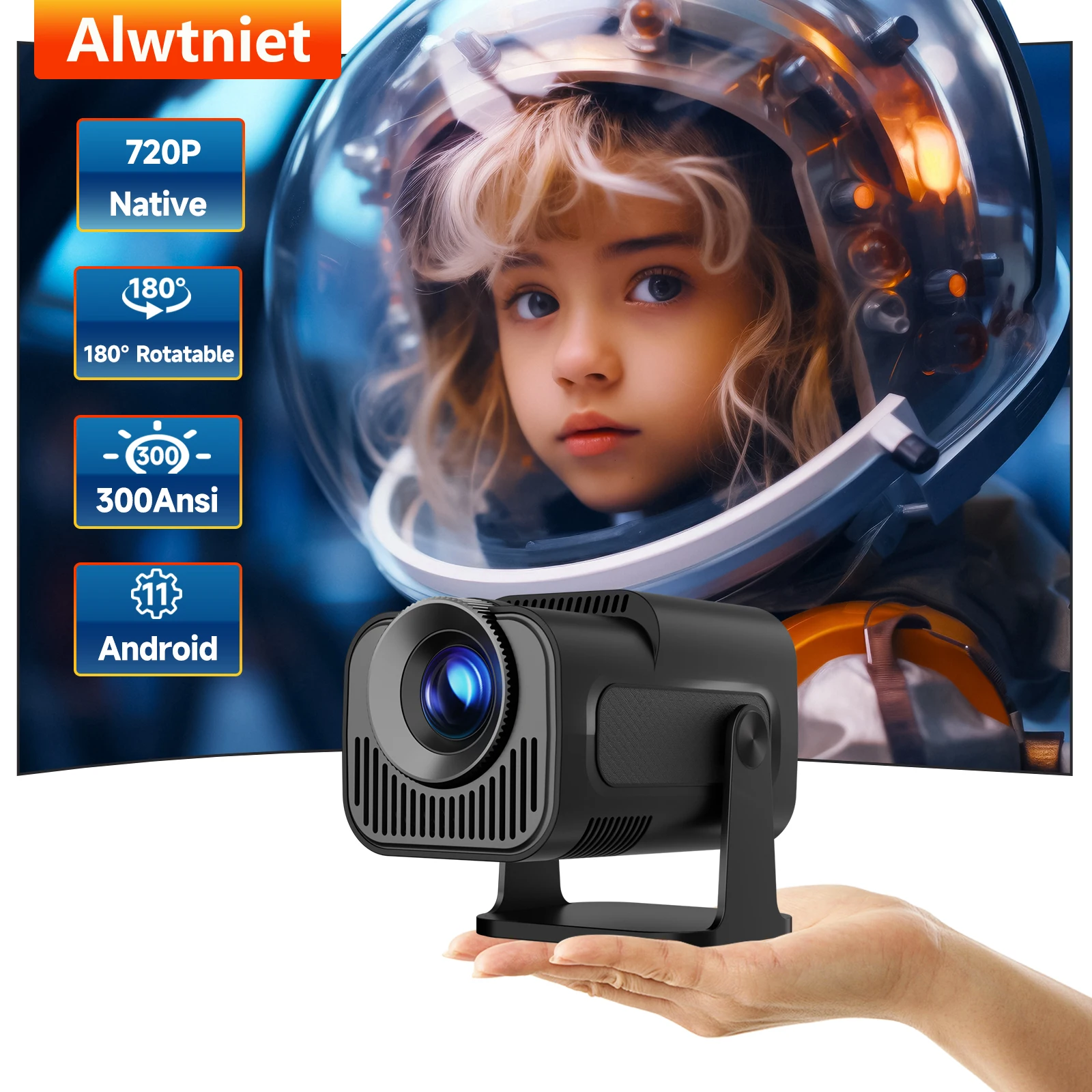 Alwtniet HY320 Mini Native 720P Android 11 4K Proyector 300ANSI Wifi6 BT5.0 Cine Exterior Portátil 180 °   Proyector de vídeo giratorio