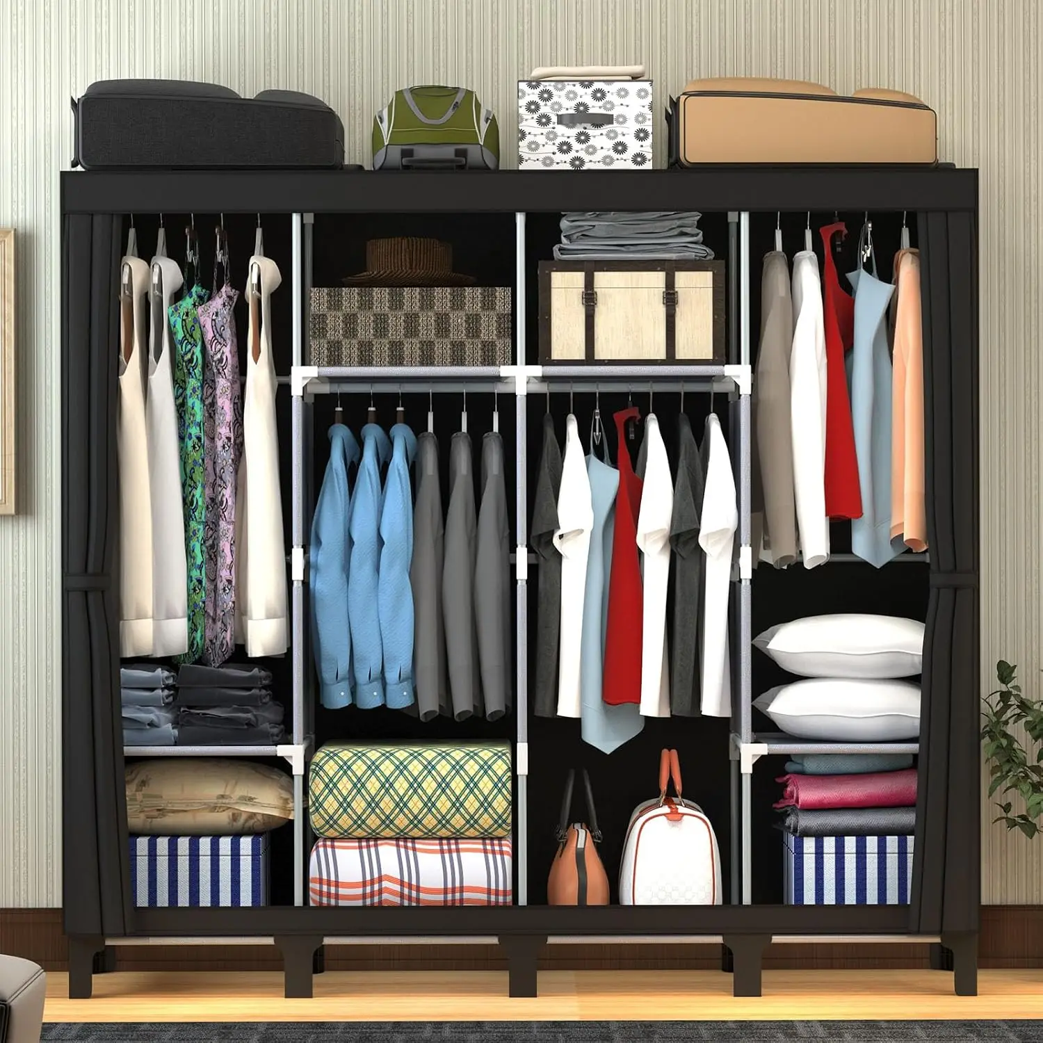 Canvas Wardrobe, Four-column Portable Wardrobes for Bedroom, 165 * 45 * 175 cm New Base Design Fabric Wardrobe, 16 * 0.22