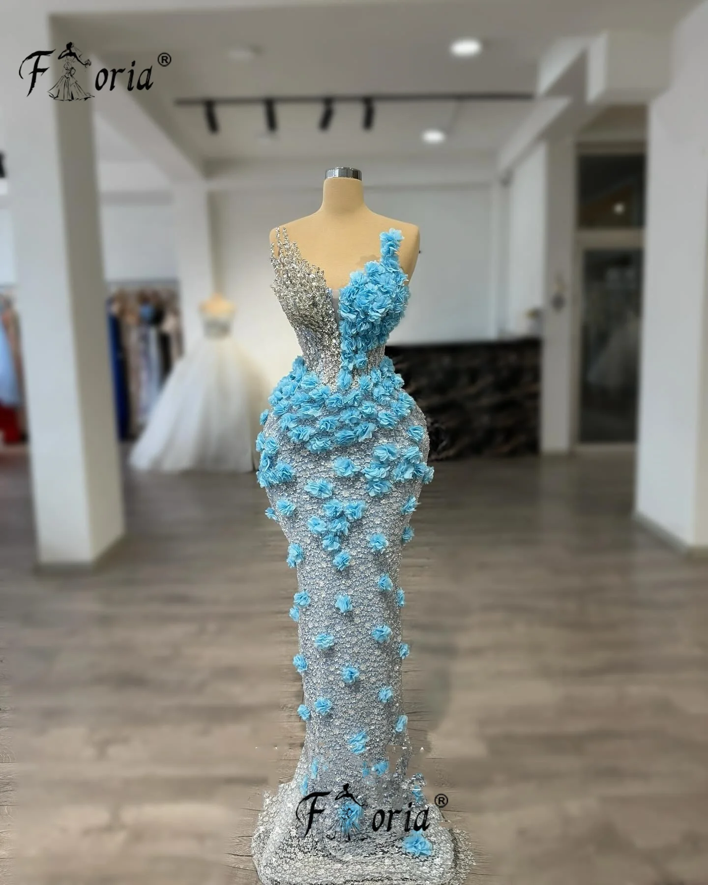 Blauwe Zeemeermin Galajurk Couture Fuly 3D Bloemen Applicaties Formele Avondjurken Elegant Aangepaste Robe de Soiree Vestidos Gala
