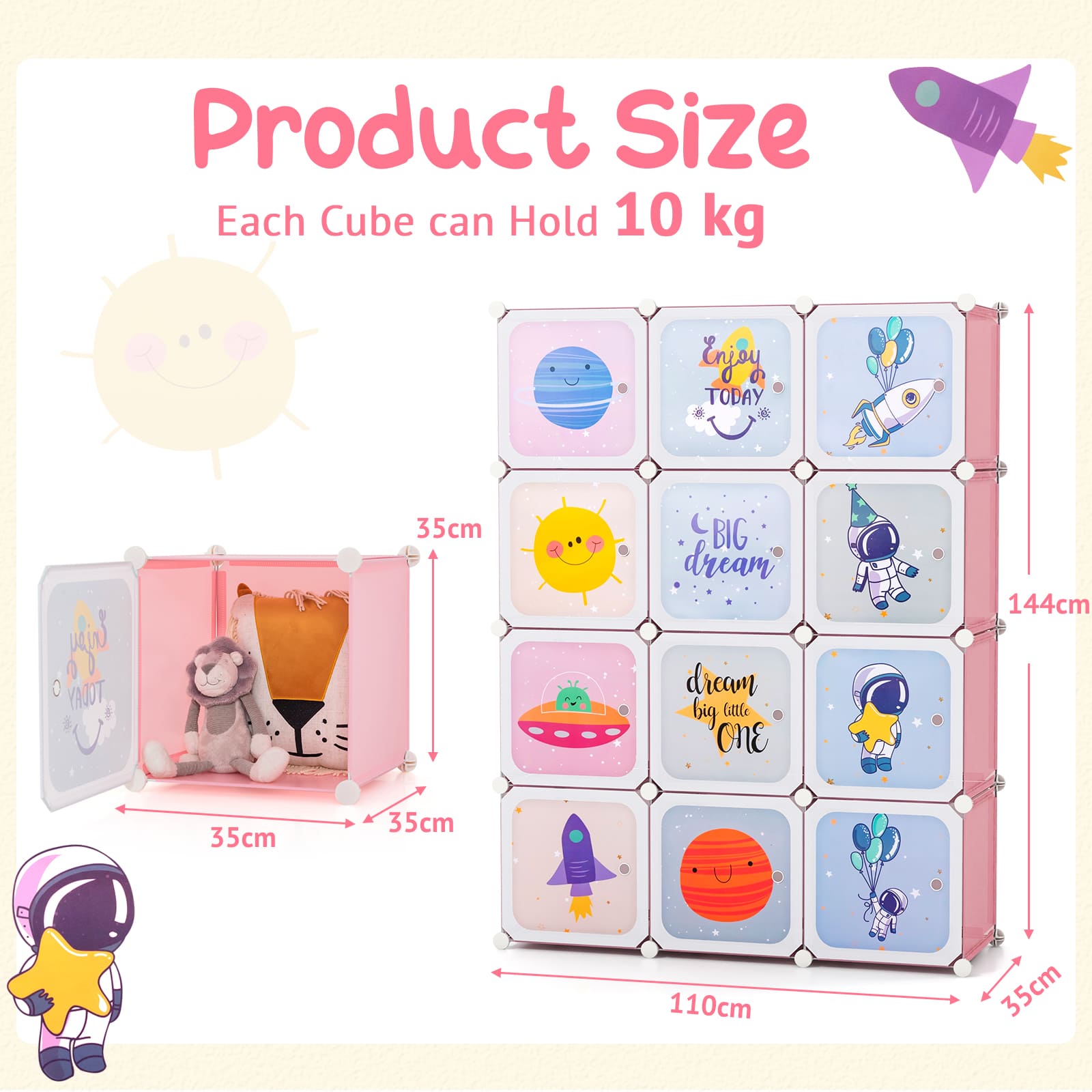 DORTALA Portable Children Wardrobe 12 Cubes Kid Closet Dresser Storage Organizer-Pink