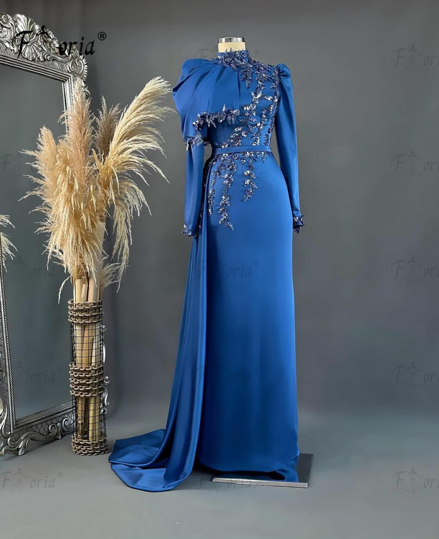 Aso Ebi Women Long Sleeves Beaded Evening Dress Blue 3D Floral Appliques Muslim Dubai Wedding Party Gowns 2024 vestidos de gala
