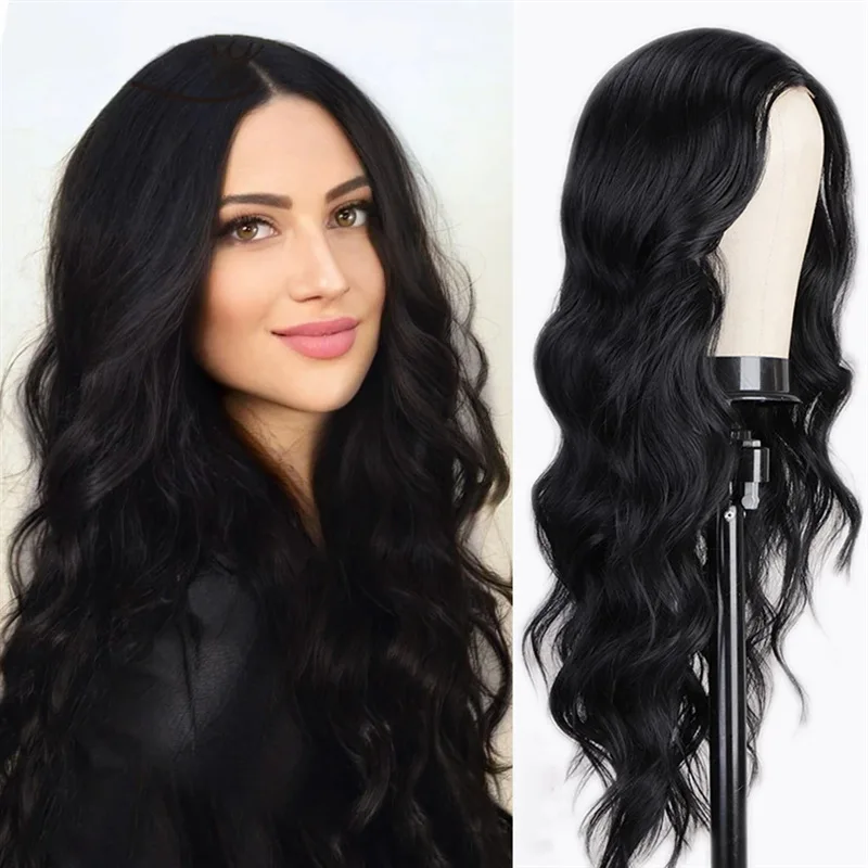 Moda peruca sintética preta ondas grandes longo cabelo encaracolado fofo cabelo longo moda peruca de seda de alta temperatura cobertura completa da cabeça