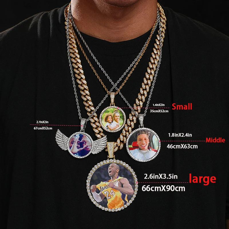 รอบหน่วยความจำMedallions Custom Photoจี้สร้อยคอสำหรับผู้ชายเครื่องประดับHip Hopขนาดใหญ่ขนาดกลางขนาดเล็กจี้Zircon Chainของขวัญ