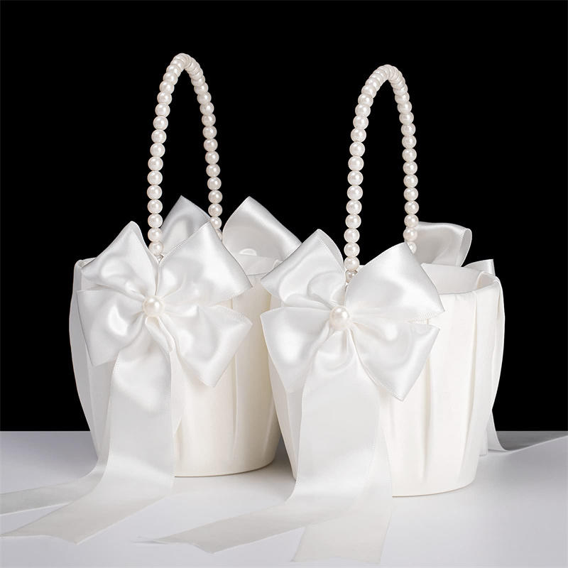 1-2pcs Pearl Handle Flower Basket Satin White Western Rustic Bowknot Wedding Basket Foldable Flower Basket For Floral Petals