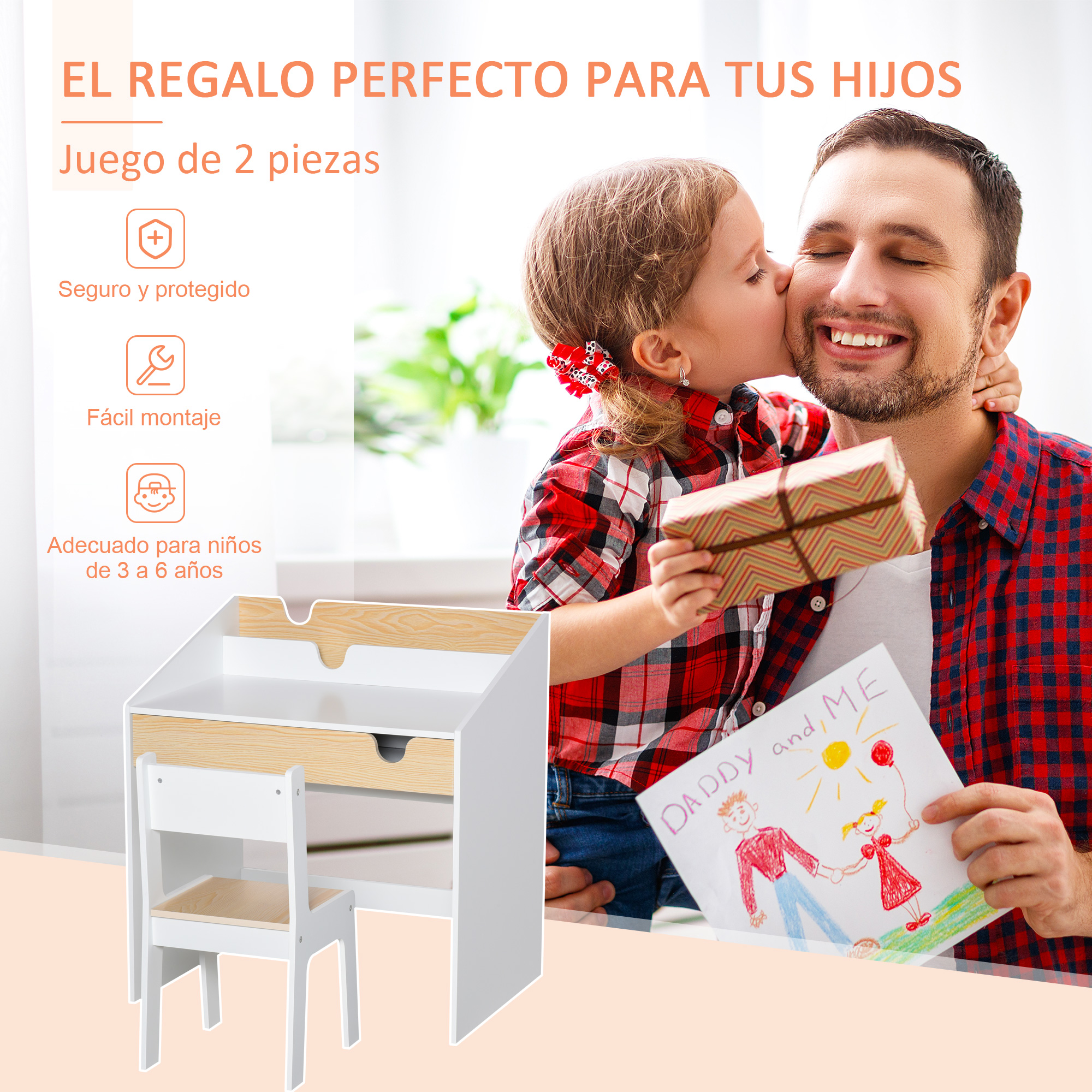 Homcom Kinderbureau Met Stoel 70X50X75 Cm Natuurlijk Wit