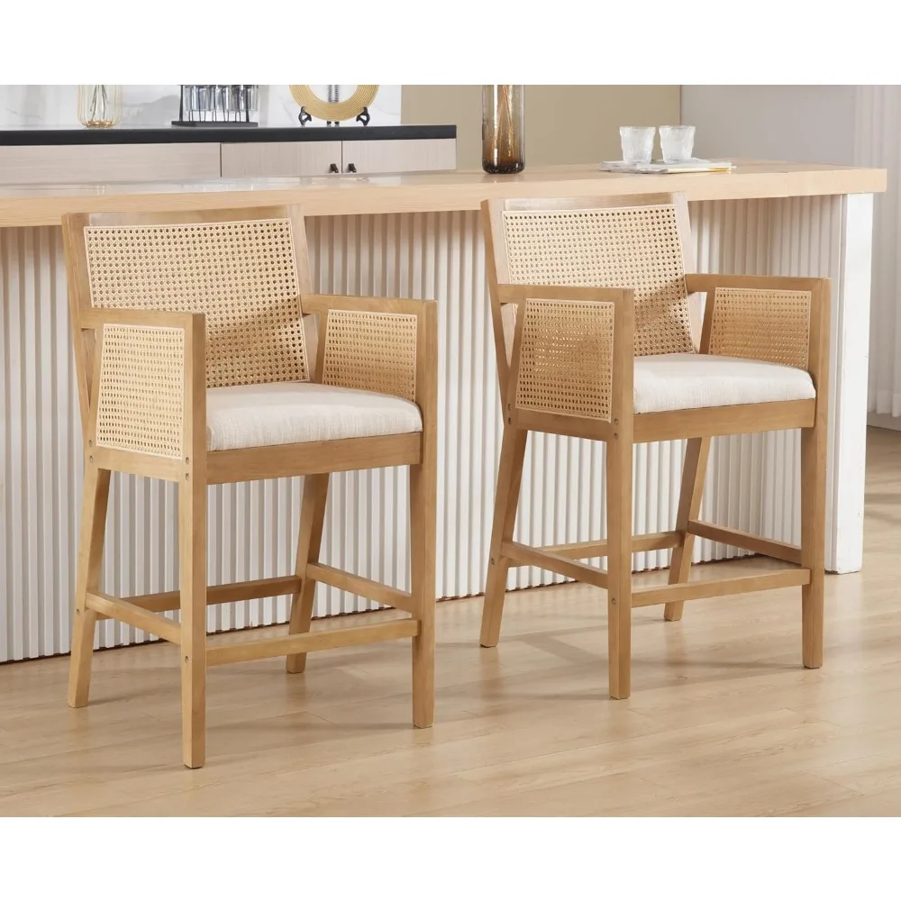 Rattan Bar Stools Set of 2 Modern Farmhouse Counter Height Barstools with Back and Arms Mid Century Natural Wood Counter Stools
