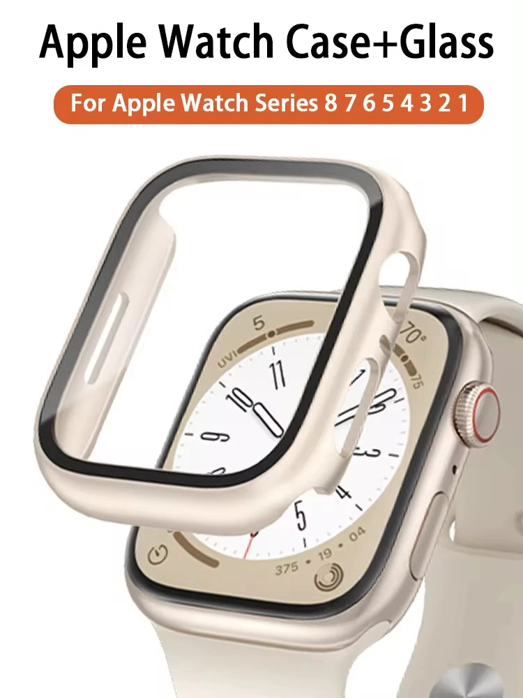 แก้ว + กรณีสําหรับ Apple Watch 8 7 45 มม.44 มม.41 มม.40 มม.PC ป้องกันหน้าจอ iWatch Series 3/4 /5/6/SE/7/8 SmartWatch อุปกรณ์เสริม