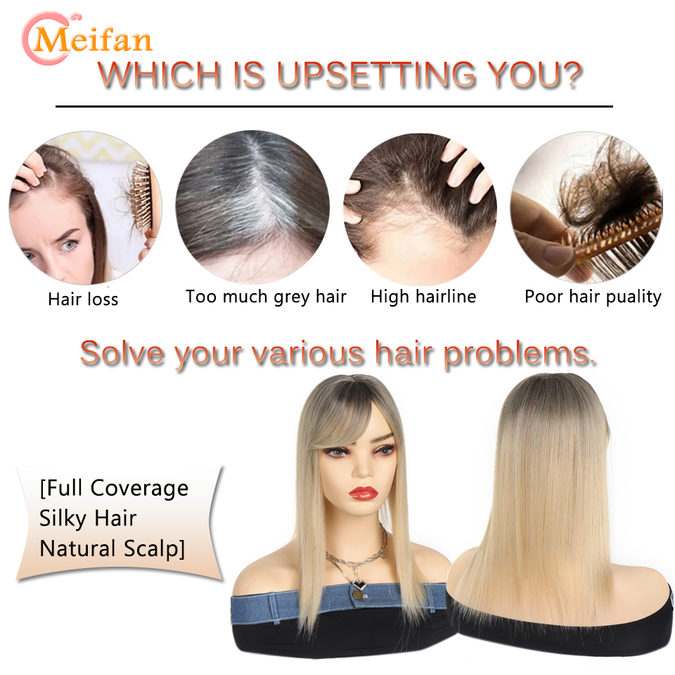 Meifan longo cabelo reto toppers ombre loira clipe extensões de cabelo sintético natural preto 3 clipes com bang falso hairpieres