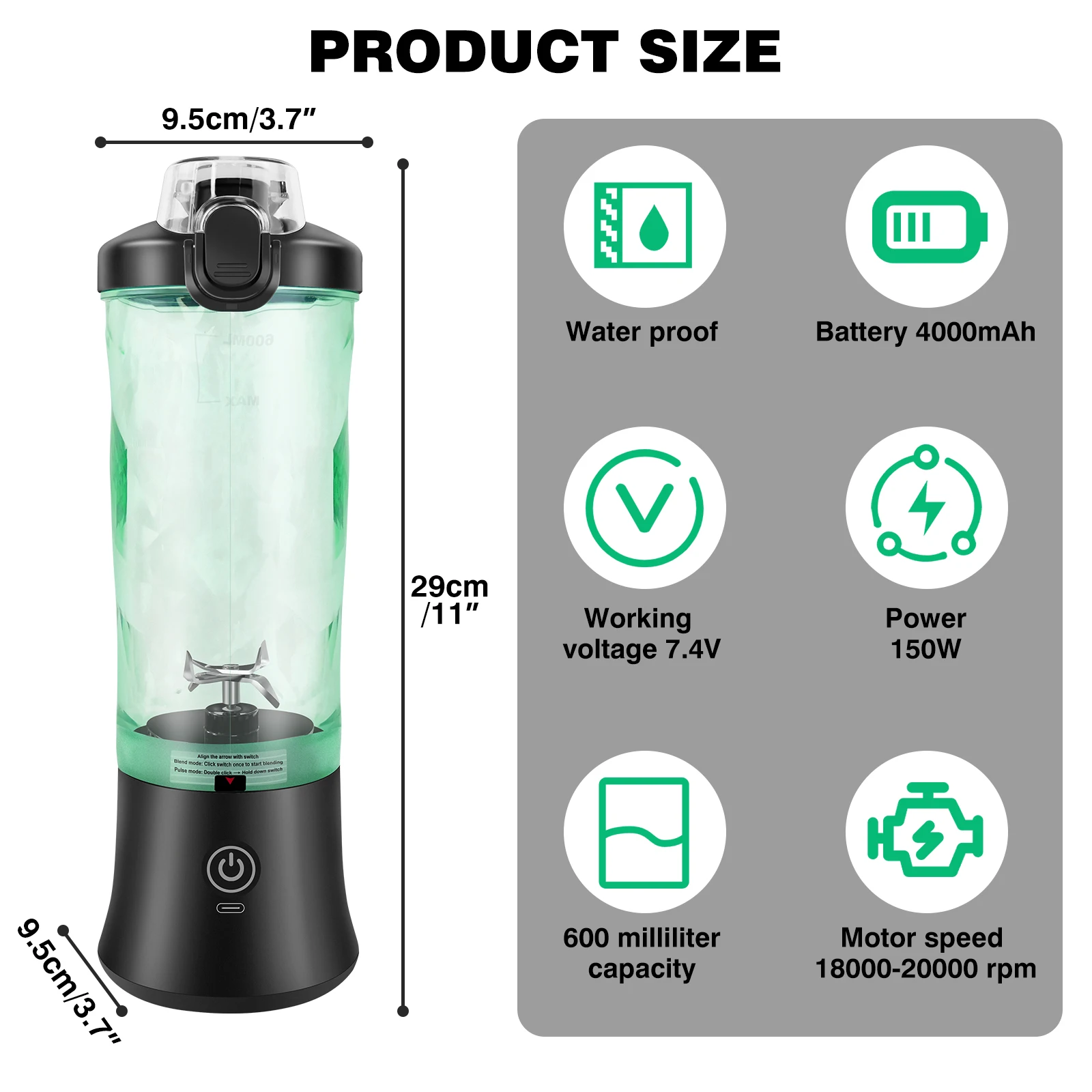 600 ml tragbarer Mini-Mixer, wiederaufladbarer kleiner Smoothie-Mixer über USB, Reise-Mixer mit großer Kapazität, tragbare Smoothies, Mischung aus Eis