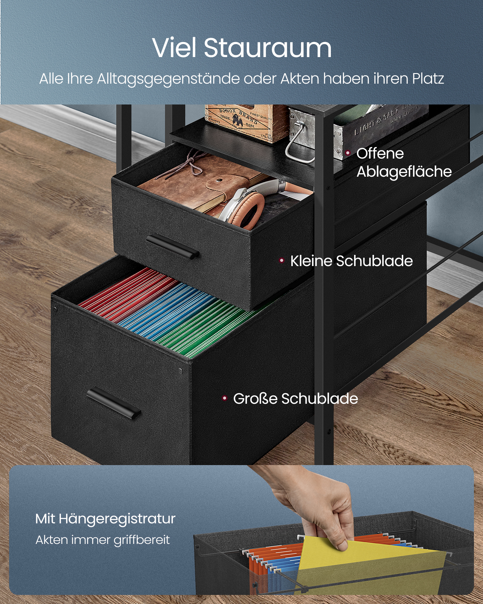 VASAGLE bureau met lades, computertafel met monitorstandaard, LED-verlichting, 55x120x90 cm, inbouw stopcontacten