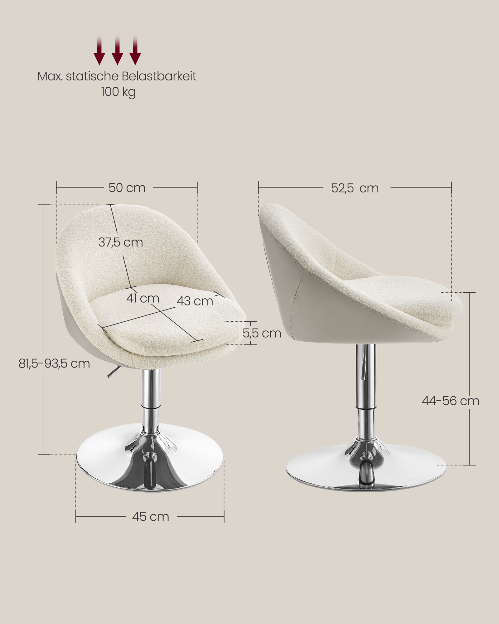 Vasagle Stoel Verstelbare Barkruk, Make-Up Stoel, Bureaustoel, Draaibare Barkruk