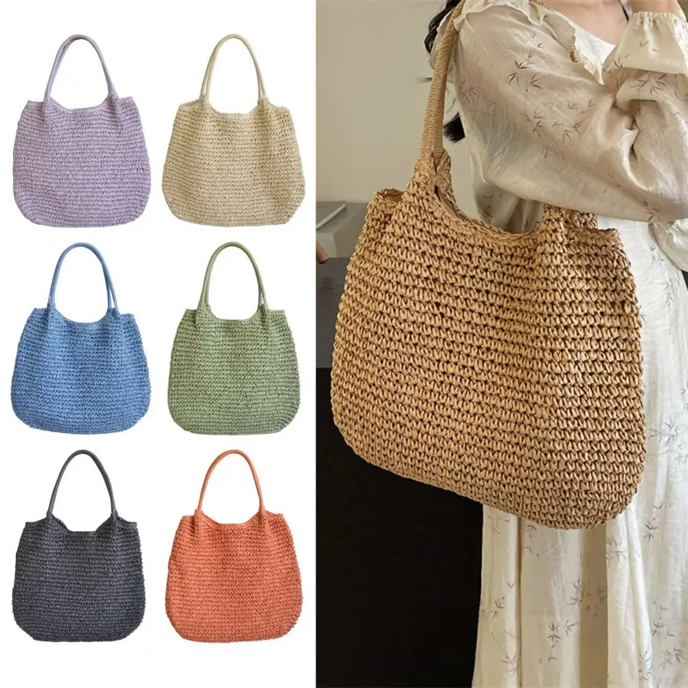 Frauen Stroh Häkeln Tasche mit Farbigen Perlen Ästhetische Stroh Tasche Große Kapazität Gestrickte Tote Handtasche Damen Tägliche Handtasche