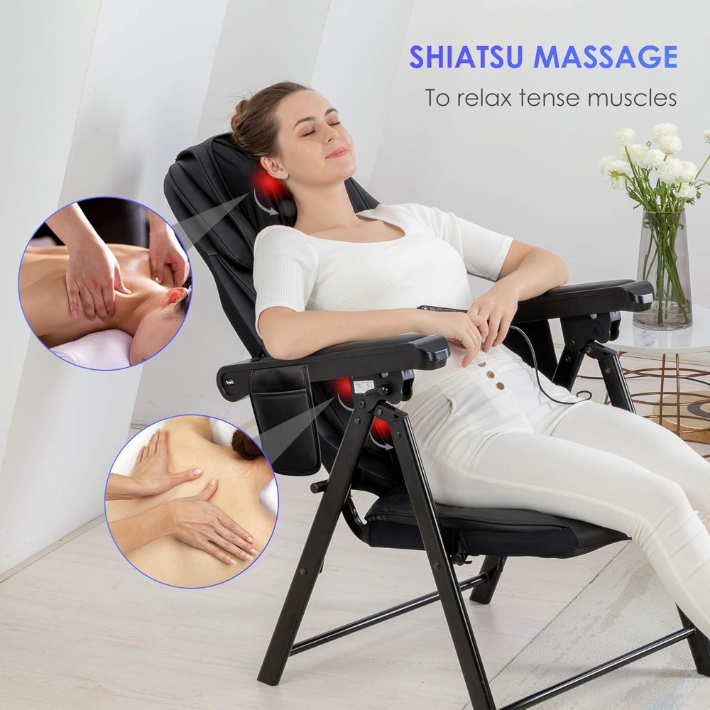 Folding Massage Chair Portable, Shiatsu Neck Back Massager with Heat, Foldable Chair Massager for Full Body, Adjustable Backrest