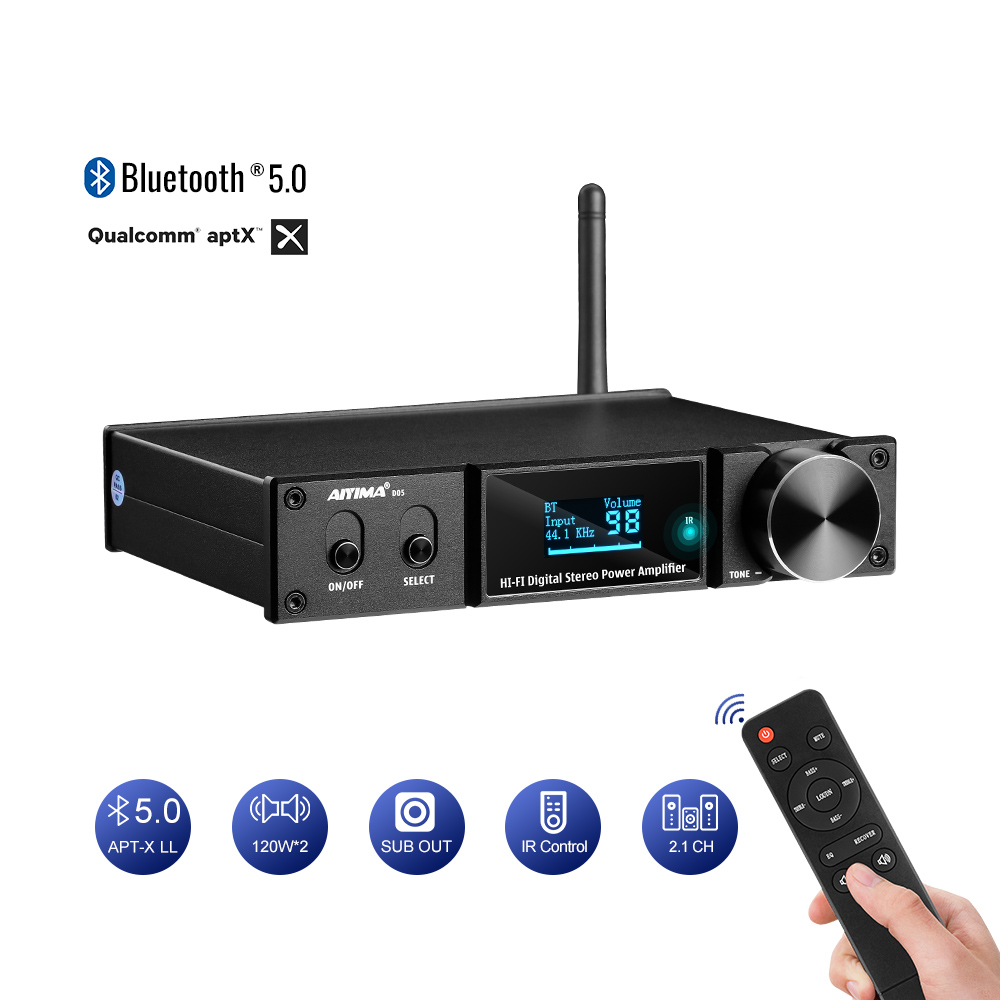 AIYIMA D05 5.0 Bluetooth Khuếch Đại Âm Thanh 120W × 2 HIFI 2.1 Kênh Kỹ Thuật Số Bộ Khuếch Đại Công Suất Loa Siêu Trầm Amp USB DAC màn Hình OLED Từ Xa APTX