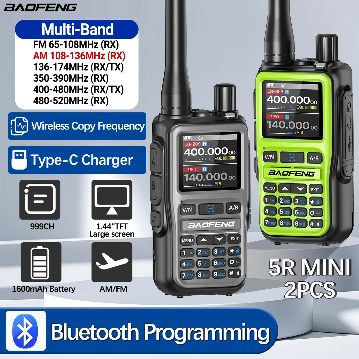 1/2 PCS BAOFENG UV-5R Mini Walkie Talkie Vollband Bluetooth Programmierung Drahtlose Kopierfrequenz 999CH AM FM Typ-C Amateurfunk