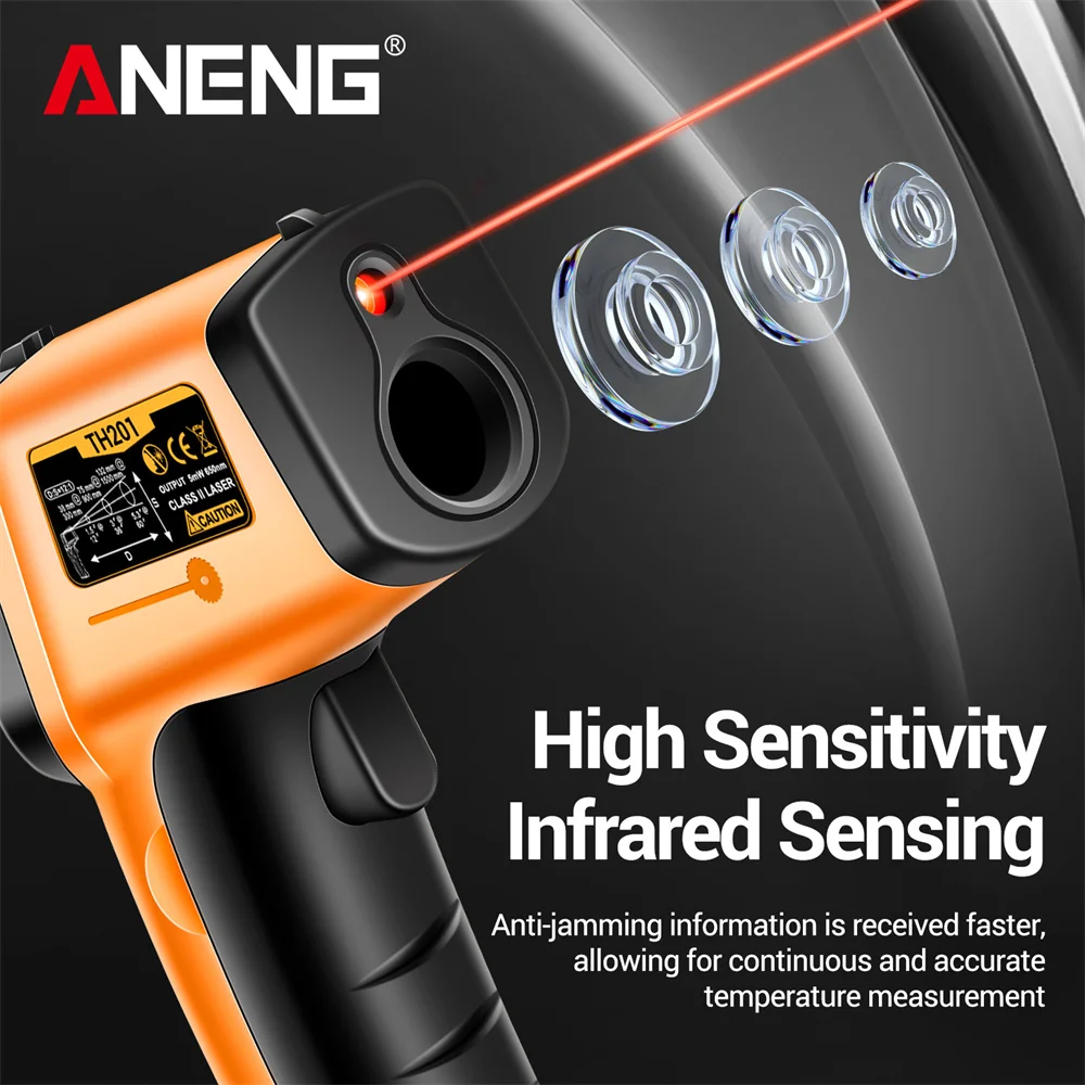 เครื่องวัดความชื้นสัมพัทธ์ดิจิตอล ANENG TH201 การทดสอบอุณหภูมิแบบไม่สัมผัสหน้าจอ LCD แบบเรืองแสงเครื่องมือเลเซอร์อินฟราเรด